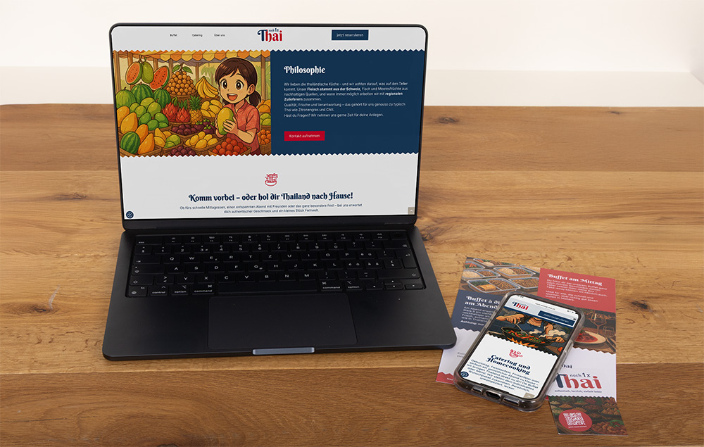 Ein Laptop und ein Smartphone, auf denen die Website eines thailändischen Restaurants angezeigt wird, liegen auf einem Holztisch neben bunten Flyern und einer Visitenkarte. Die Website zeigt eine Illustration eines Mädchens mit Obst.