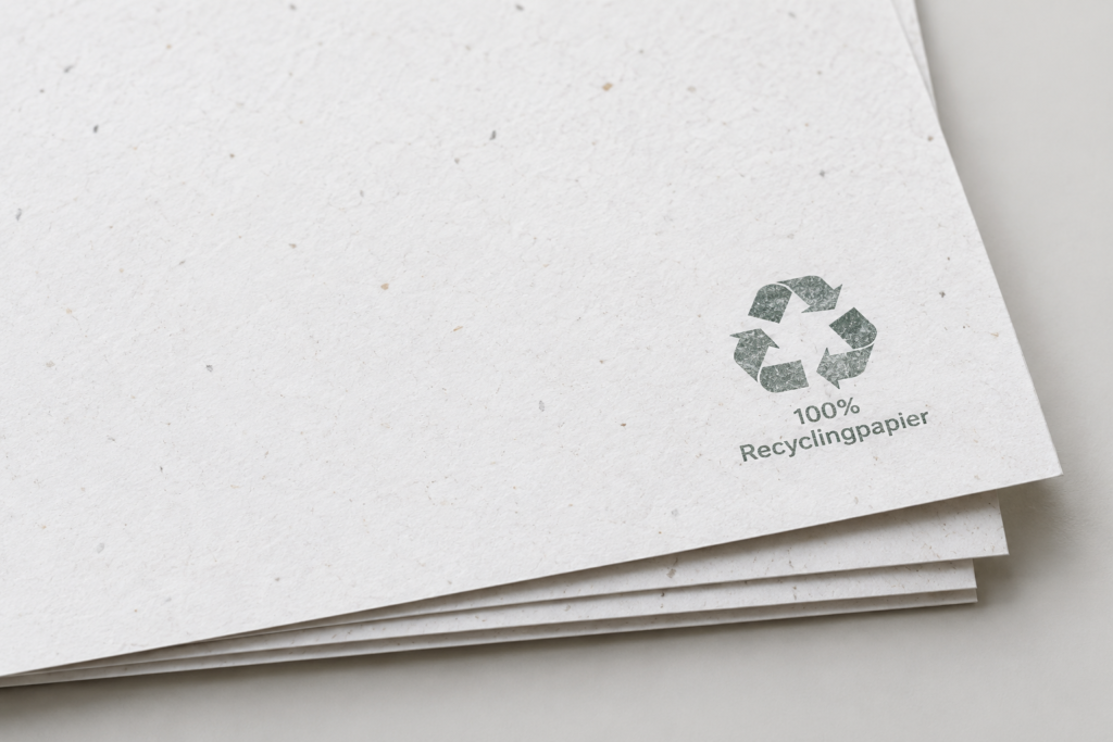 Ein Stapel weißer Recyclingpapierbögen mit einem grünen Recycling-Symbol und dem Aufdruck „100 % Recyclingpapier“ in der Ecke.